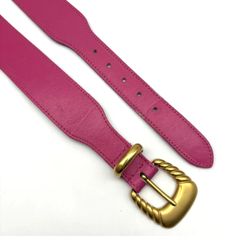 Vintage 80s Hot Pink Genuine Leather Brass Buckle Waist Belt M 26-29